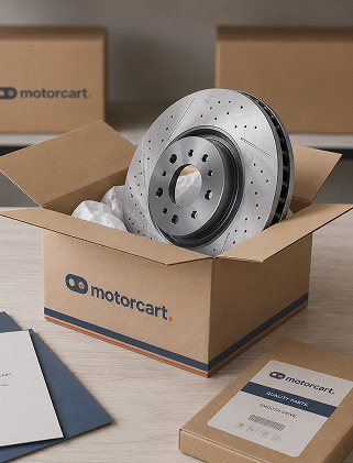 A MotorCart order being packed, with a brake rotor lifted from a branded box